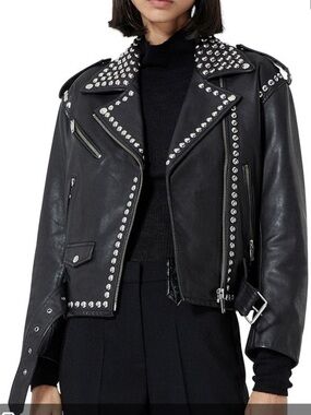 The Kooples Black Studded Leather Biker Jacket